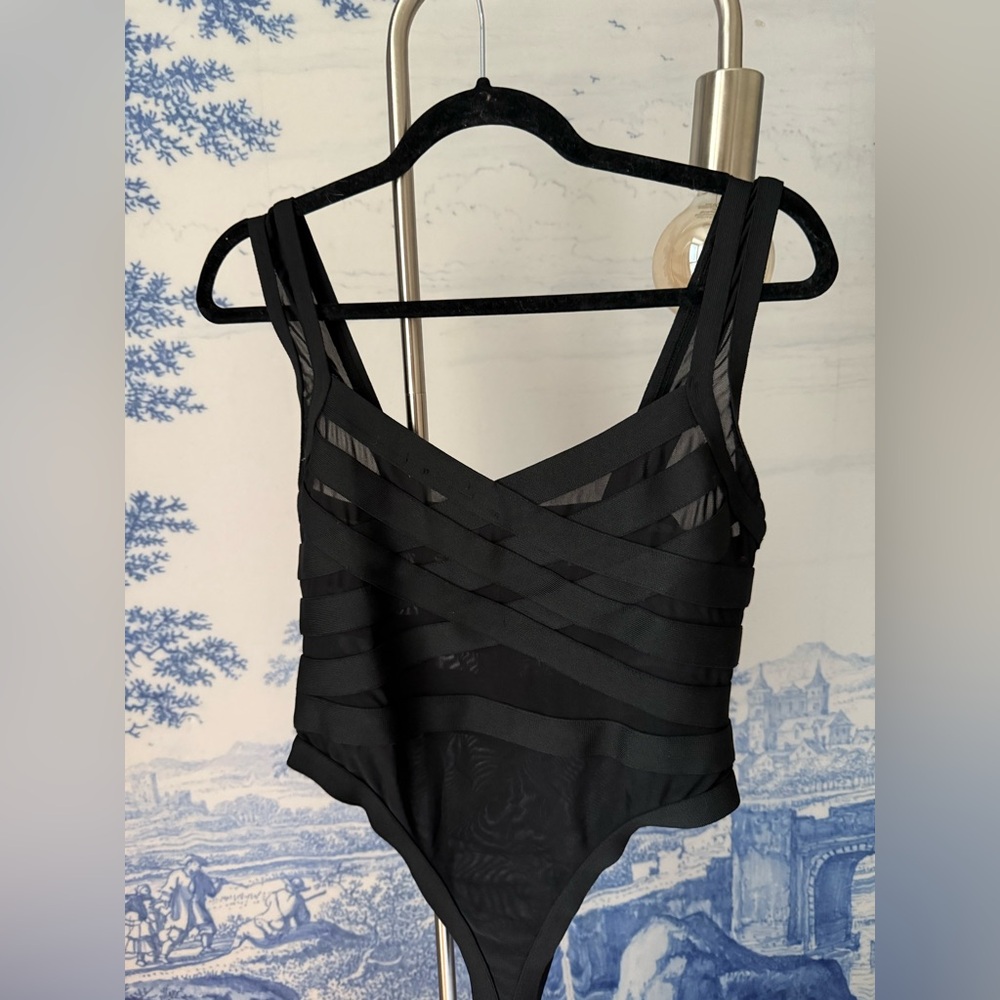 Nasty Gal Black Sheer Striped Bodysuit